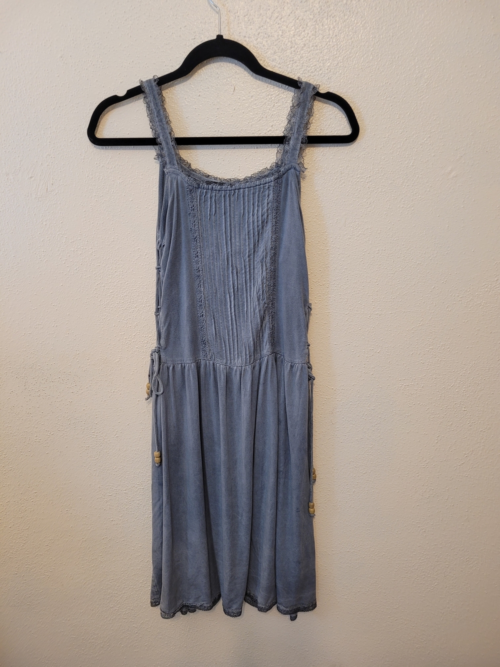 POL RCD87 Dusty Blue Lace Trim Pintuck Babydoll Tunic Dress Boho Medium